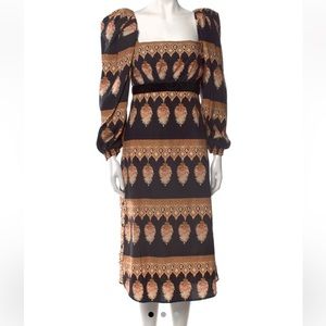 Johanna Ortiz Dress black gold medallion printed midi dress puff sleeve sz 4